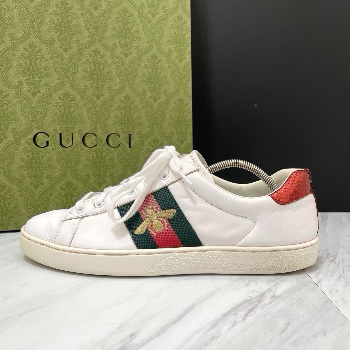 GUCCI Ace low-top sneakers with embroidered bee pattern in genuine leather, white, men's size 28.5cm