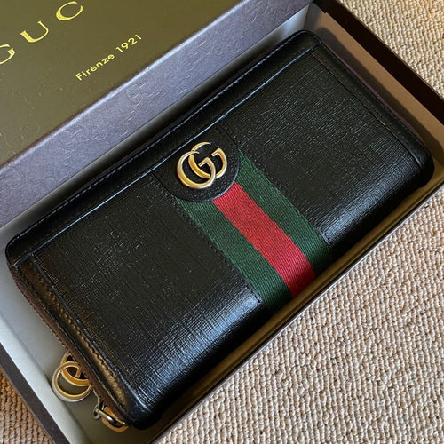 GUCCI Marmont GG black long wallet with round zipper, Sherry design