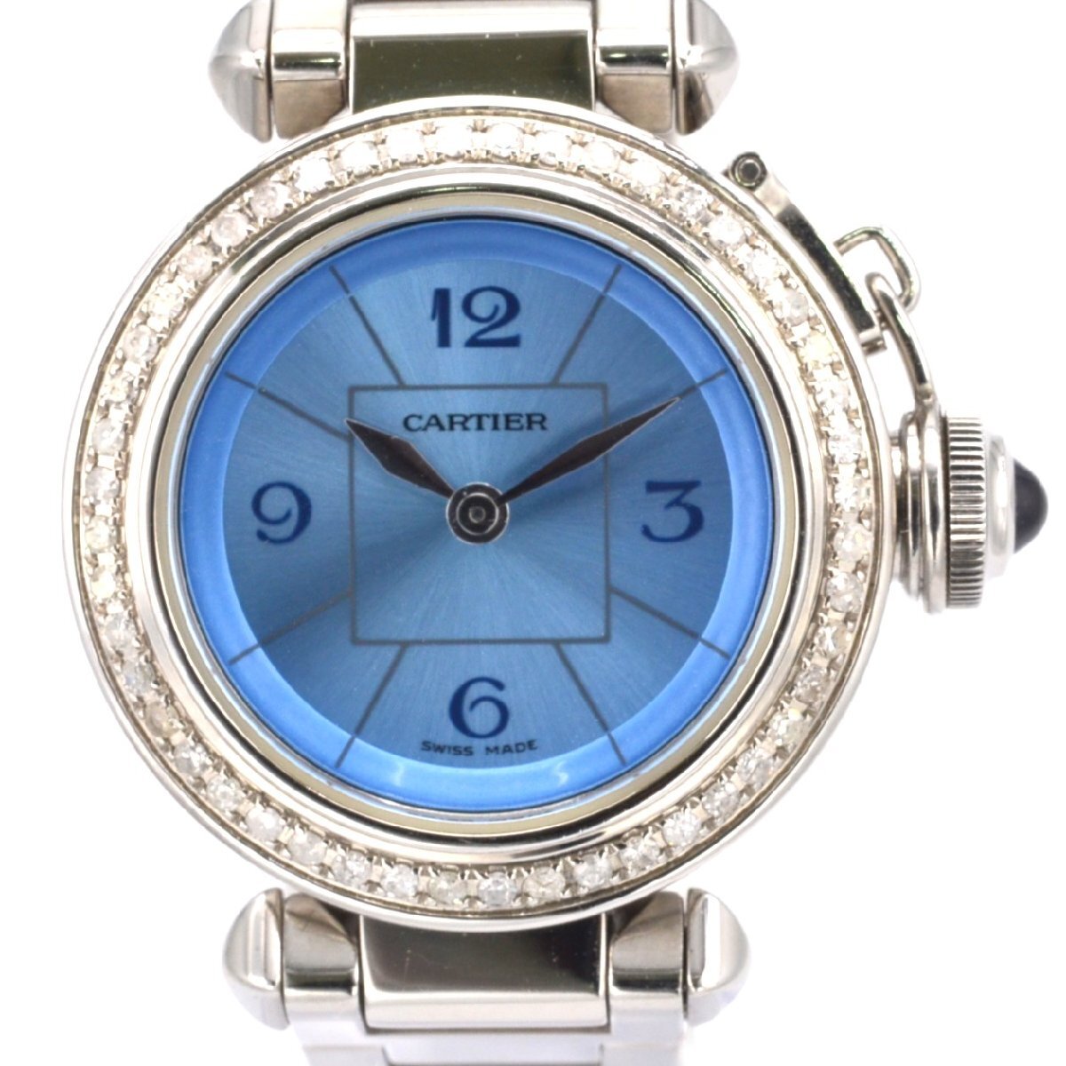 Cartier Miss Pasha 3973 Stainless Steel QZ Women's Watch with Diamond Bezel and Blue Dial