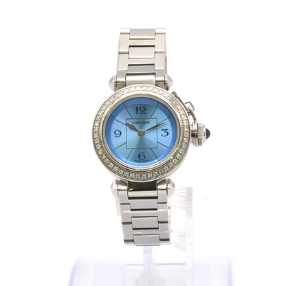 Cartier Miss Pasha 3973 Stainless Steel QZ Women's Watch with Diamond Bezel and Blue Dial