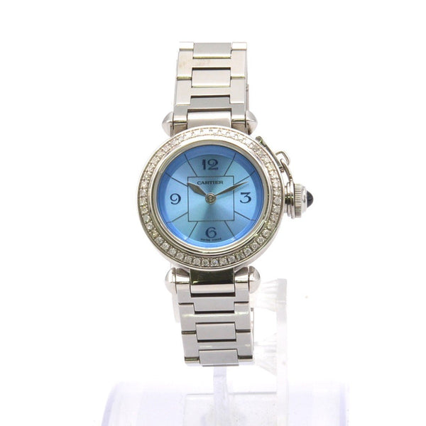 Cartier Miss Pasha 3973 Stainless Steel QZ Women's Watch with Diamond Bezel and Blue Dial