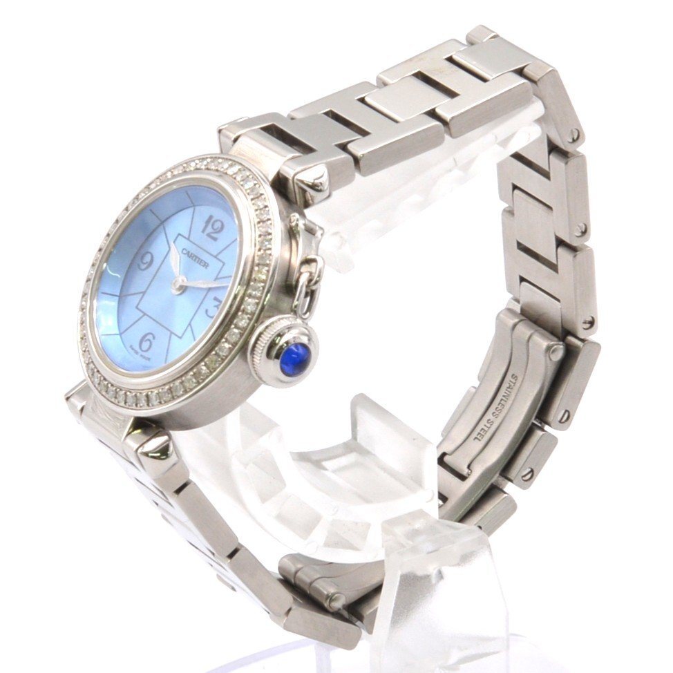 Cartier Miss Pasha 3973 Stainless Steel QZ Women's Watch with Diamond Bezel and Blue Dial