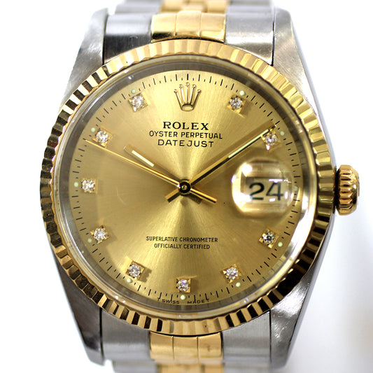 Rolex Datejust 16233 S-series, Stainless Steel and Yellow Gold with 10 Diamonds, Champagne Dial, Automatic Men's Watch